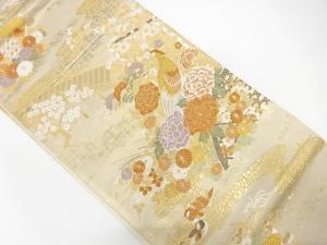 几帳に尾長鳥・牡丹模様織り出し袋帯